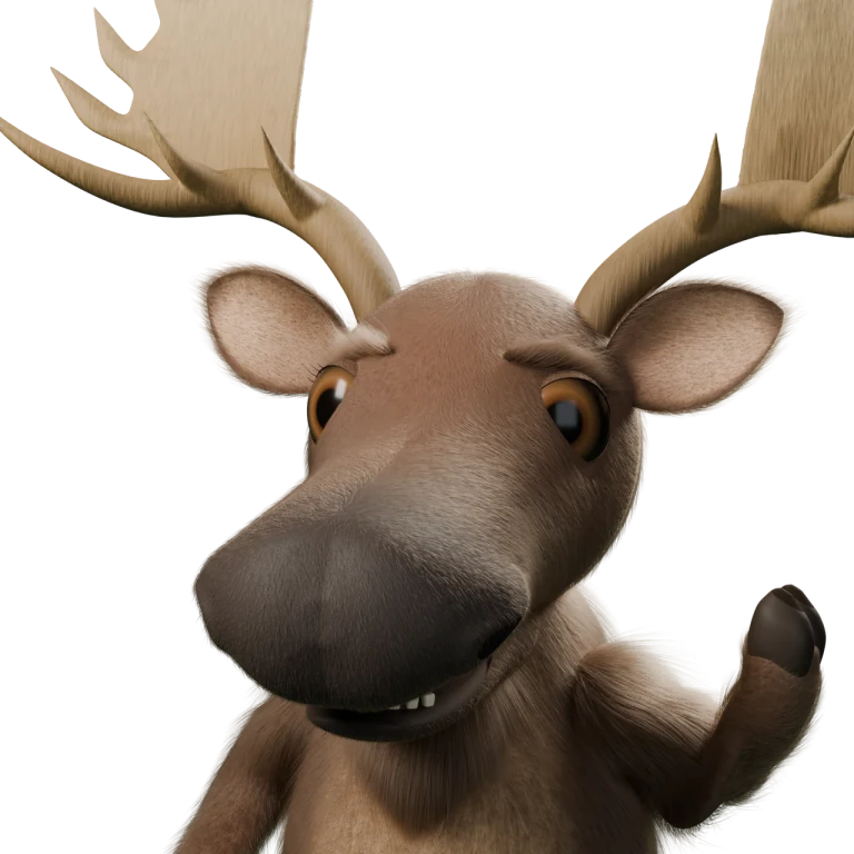 Buddy, the Origin89 moose, explaining with one hoof raised