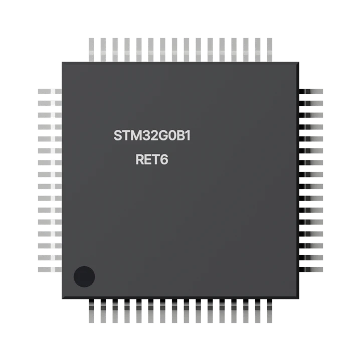 STM32G0B1RET6 microcontroller seen from above: black LQFP-64 package with its leads and marking
