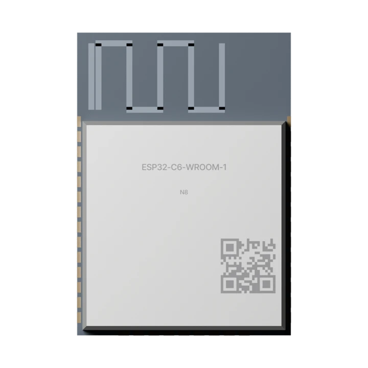 ESP32-C6-WROOM-1 module seen from above: steel shield with its marking and matrix code, the PCB antenna above it