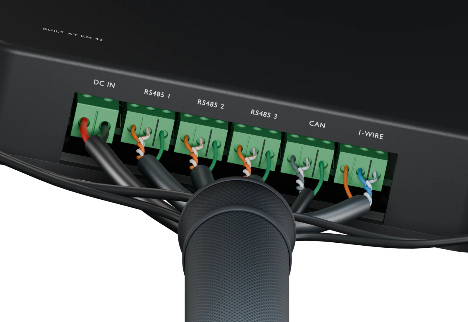 The Controller's DC IN terminal with its red and black power conductors landed, beside the RS-485 terminals