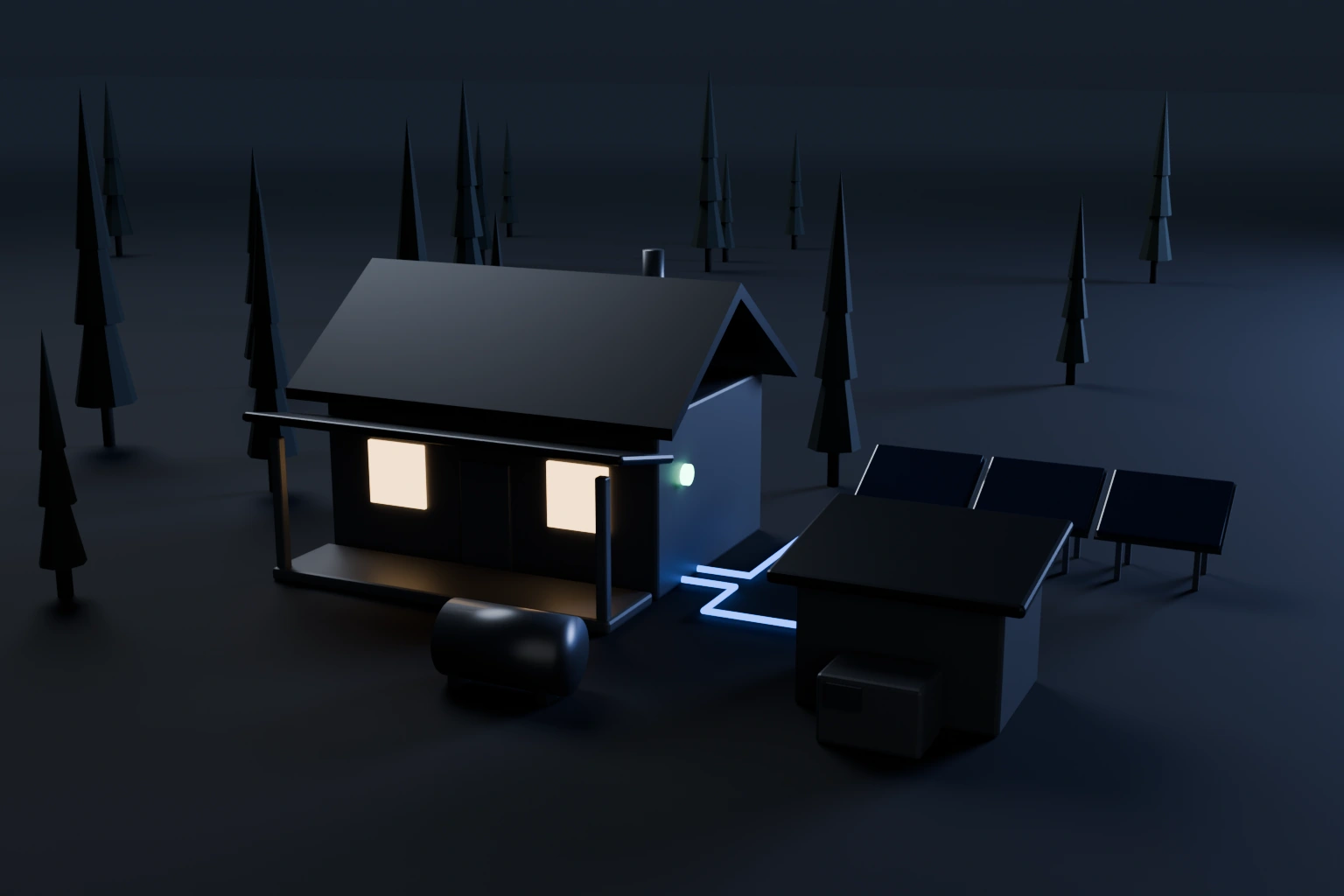 A cottage at night with lit windows, a solar rack, a woodshed generator and a propane tank, linked by lit signal paths