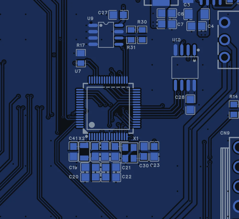 Top copper, pads and silkscreen of board A around the STM32, drawn from the fabrication Gerbers
