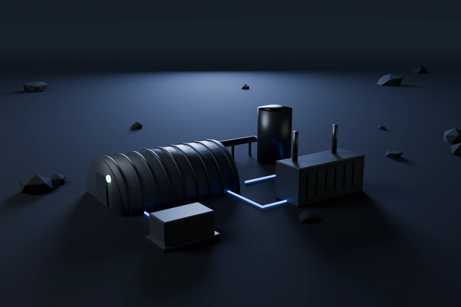 A mine utility at night: a Quonset building, a genset container, a tank and a battery skid, linked by lit signal paths