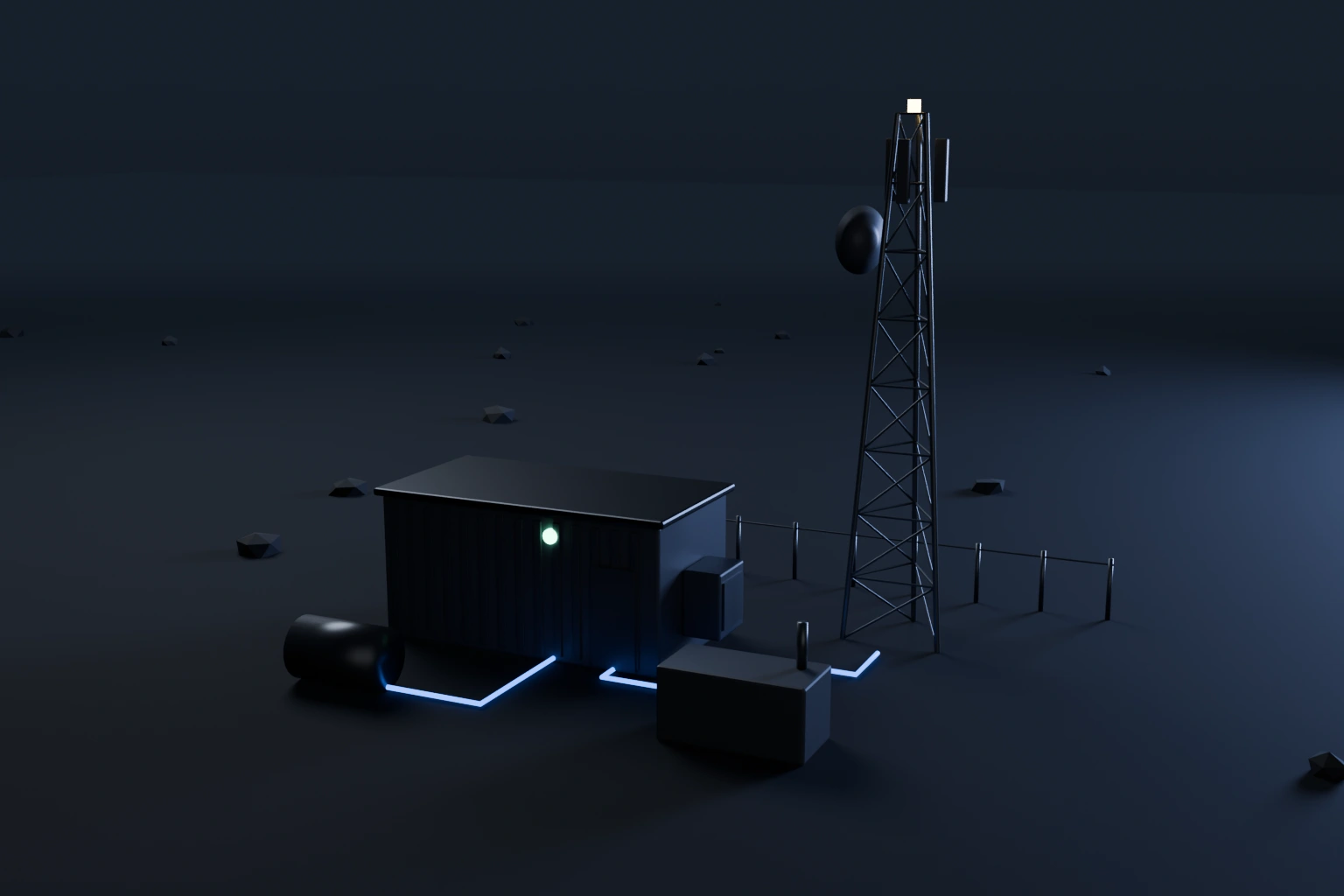 A telecom shelter at night with a lattice tower, a genset and a fuel tank, linked by lit signal paths